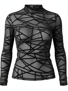 Women's Black Geometric Mesh Long-Sleeve Top Large